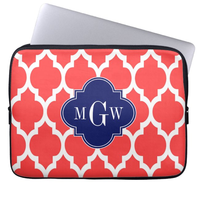 Coral Red Wht Moroccan #4 Navy Namn Monogram Laptop Fodral (Framsidan)