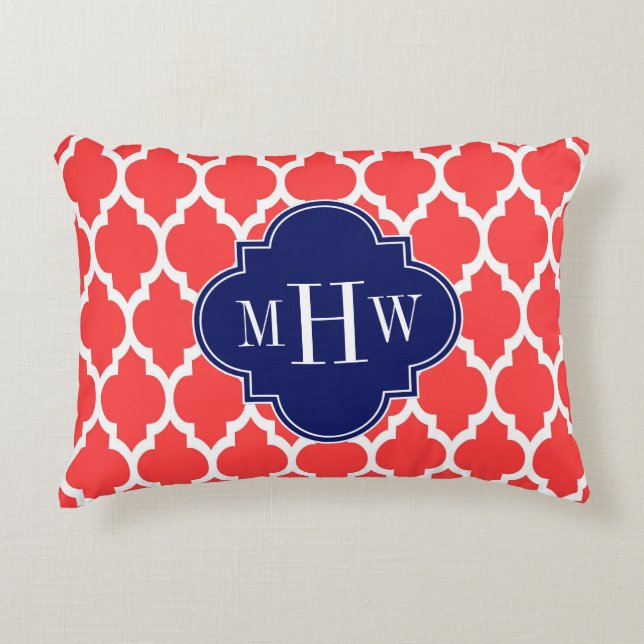 Coral Red Wht Moroccan #4 Navy Namn Monogram Prydnadskudde (Framsidan)