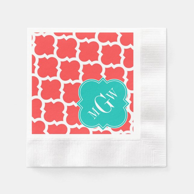 Coral Red Wht Moroccan #5 Teal 3 Initial Monogram Pappersservett (Framsidan)