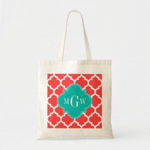 Coral Red Wht Moroccan #5 Teal 3 Initial Monogram Tygkasse