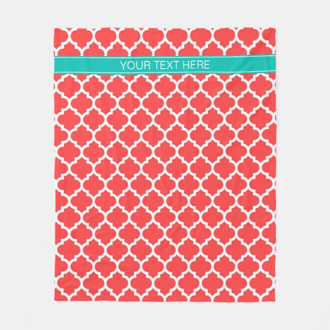 Coral Red Wht Moroccan #5 Teal Namn Monogram Fleecefilt (Framsidan)