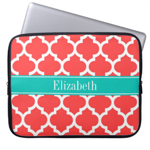 Coral Red Wht Moroccan #5 Teal Namn Monogram Laptop Fodral
