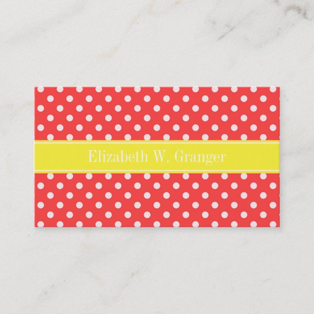 Coral Red, Wht Polka dots Gult Namn Monogram Visitkort (Framsida)