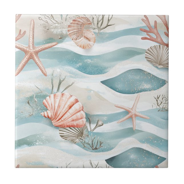 Coral Reef Seashells & Aqua Waves Pattern (4) Kakelplatta (Framsidan)