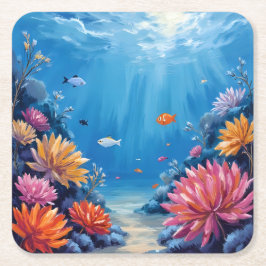Coral Reef Under the Sea Ocean Painting Underlägg Papper Kvadrat