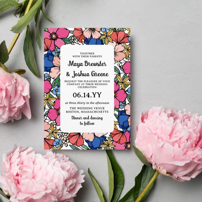 Coral Rosa Blåa blommor Vår, Bröllop, sommaren Inbjudningar (Skapare uppladdad)