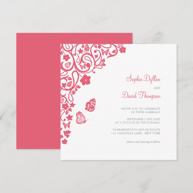 Coral Rosa Blommigt Butterfly Garden Wedding Inbjudningar (Fram/baksida)