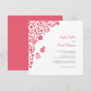 Coral Rosa Blommigt Butterfly Garden Wedding Inbjudningar