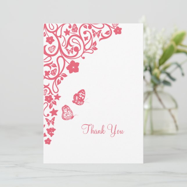 Coral Rosa Blommigt Butterfly Garden Wedding Tack Kort (Stående Fram)