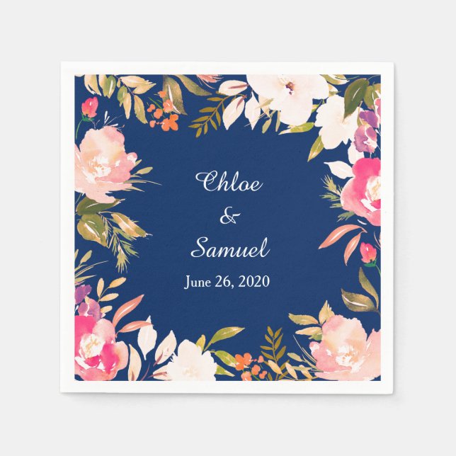 Coral Rosa Blommigt Gräns Bröllop Pappersservett (Framsidan)