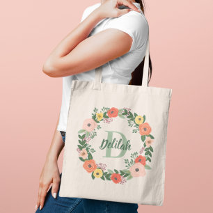 Coral Rosa Blommigt Greenery Monogram Wandeene  Tygkasse