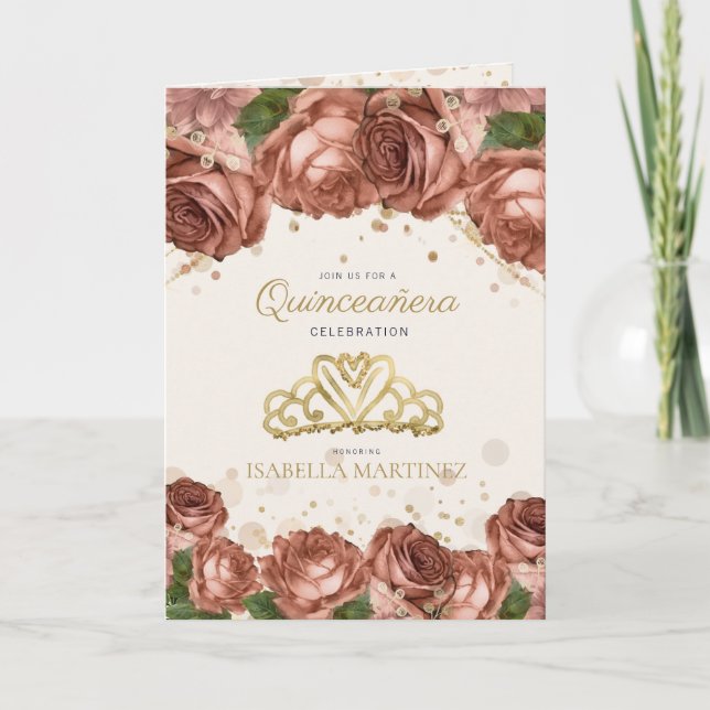 Coral Rosa Blommigt Guld Glitter Quinceañera Photo Inbjudan (Framsida)