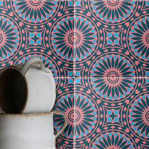 Coral Rosa Blue Kaleidocopic Geometric Mönster Kakelplatta