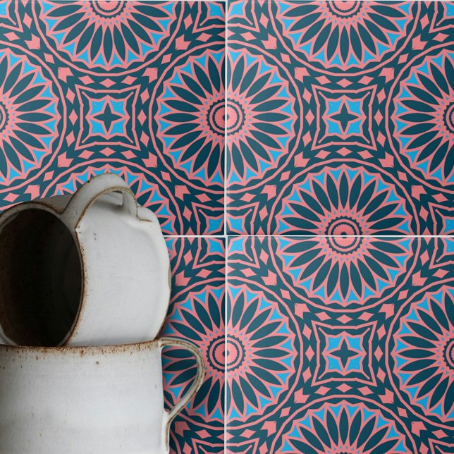 Coral Rosa Blue Kaleidocopic Geometric Mönster Kakelplatta (Skapare uppladdad)