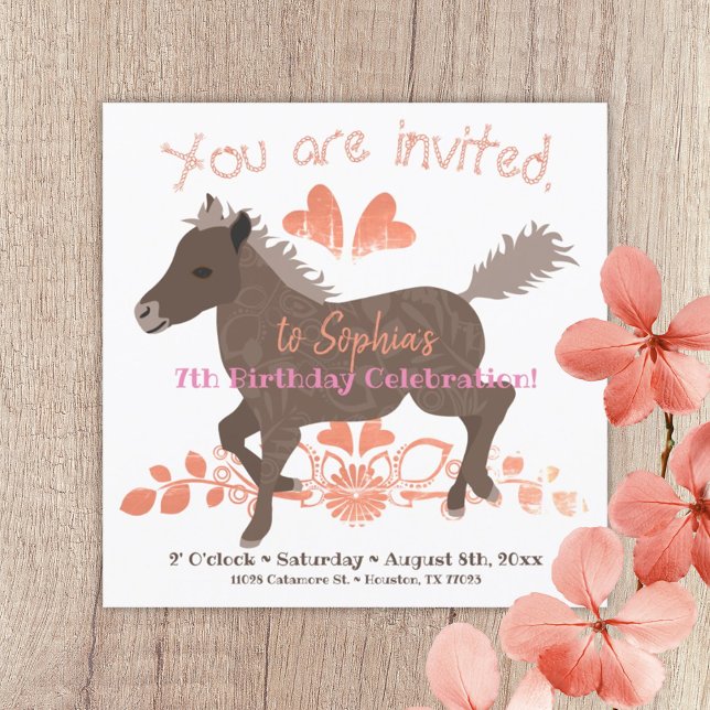 Coral, Rosa, Brown Pony Födelsedagsfest inbjudan (brown peach galloping pony girls birthday party invitation ponies themed party invite pink hearts)