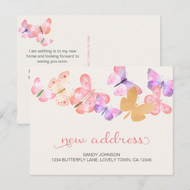Coral Rosa Butterflies Min Nya adress Meddelande Vykort (Fram/baksida)
