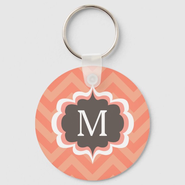 Coral Rosa Chevron Mönster Anpassningsbar Monogram Nyckelring (Framsida)