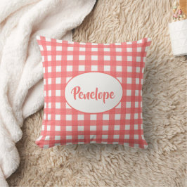 Coral Rosa Classy Gingham Mönster med Namn Kudde