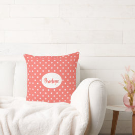 Coral Rosa Classy Polka Dot Mönster med Namn Kudde