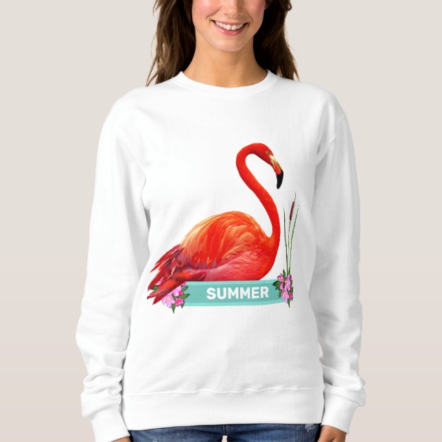 Coral Rosa Flamingo & Blommor T-Shirt (Framsida)