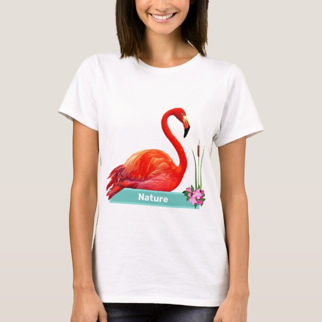 Coral Rosa Flamingo & Flowers T Shirt (Framsida)