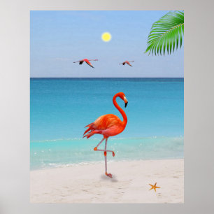 Coral Rosa Flamingo & Handflatan Löv vid stranden Poster