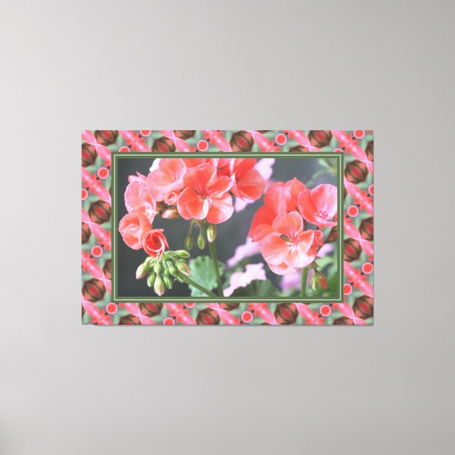 Coral Rosa Geraniums with Mörk grönt Canvastryck (Framsida)