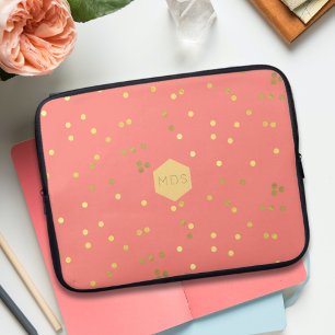 Coral Rosa Gold Foil Confetti Sprinkles Monogram Laptop Fodral