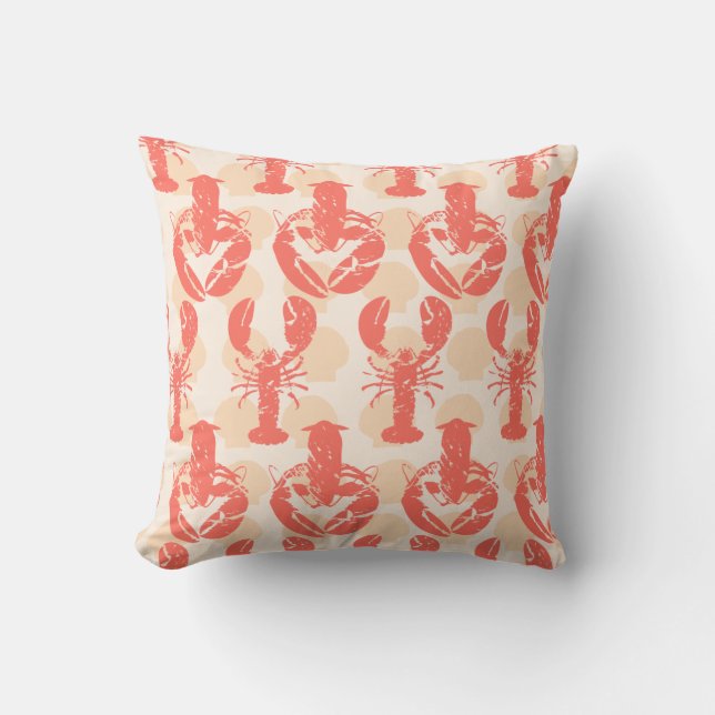 Coral Rosa Lobsters och Seashells Nautical Mönster Kudde (Framsida)