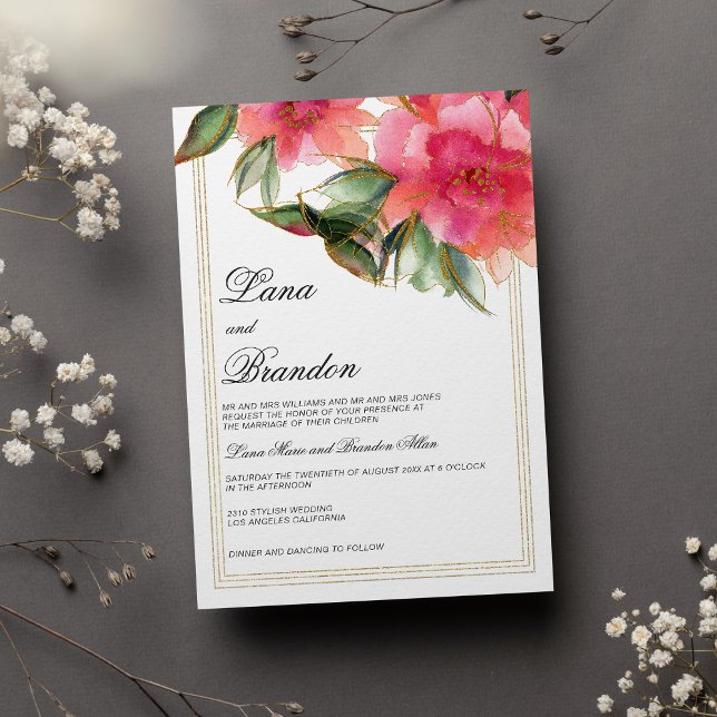 Coral rosa mint white guld glitter blommigt bröllo inbjudningar (Coral pink mint white gold glitter floral wedding)