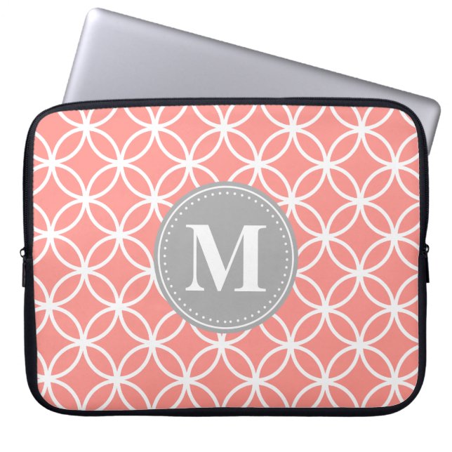 Coral Rosa Modern Circles Grått Monogram Laptop Fodral (Framsidan)