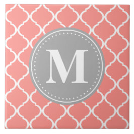 Coral Rosa Moroccan Lattice Grått Monogram Kakelplatta