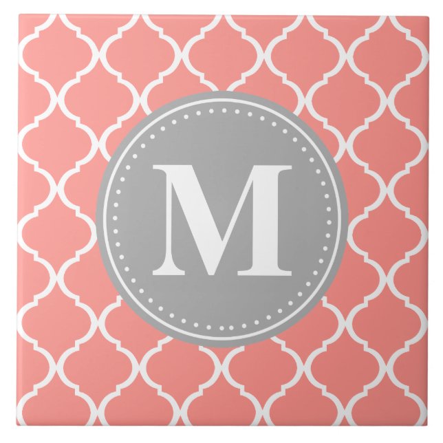 Coral Rosa Moroccan Lattice Grått Monogram Kakelplatta (Framsidan)