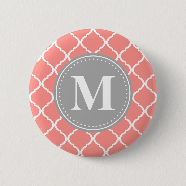 Coral Rosa Moroccan Lattice Grått Monogram Knapp (Framsida)