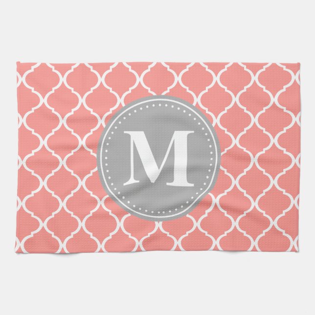 Coral Rosa Moroccan Lattice Grått Monogram Kökshandduk (Horisontell)