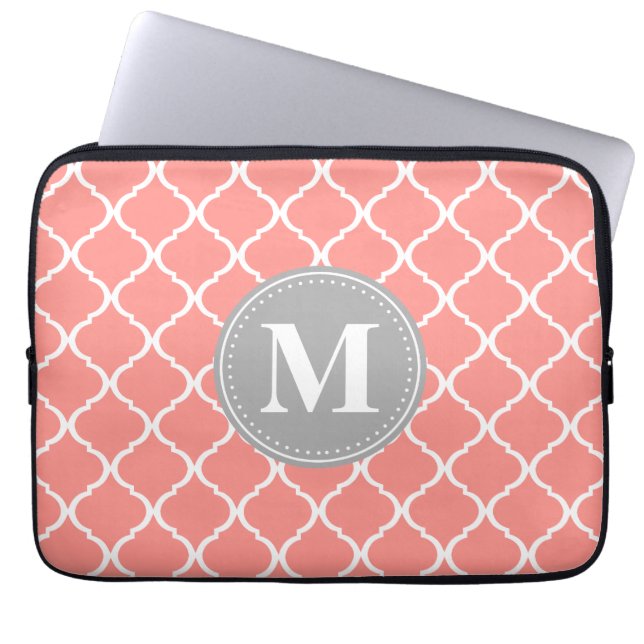 Coral Rosa Moroccan Lattice Grått Monogram Laptop Fodral (Framsidan)
