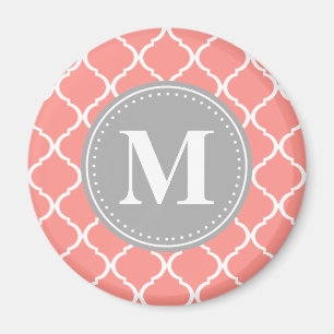Coral Rosa Moroccan Lattice Grått Monogram Magnet