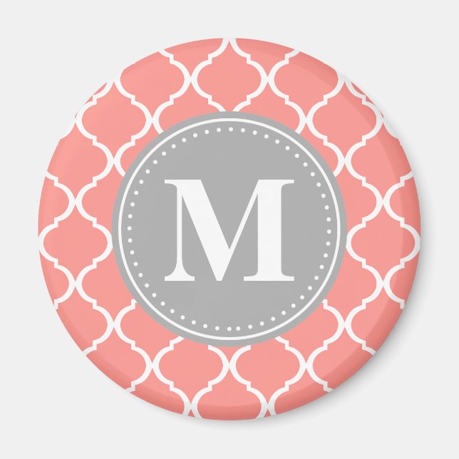 Coral Rosa Moroccan Lattice Grått Monogram Magnet (Framsidan)