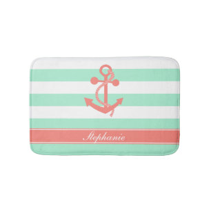 Coral Rosa Nautical Anchor och Mint Grönt Rand Badrumsmatta