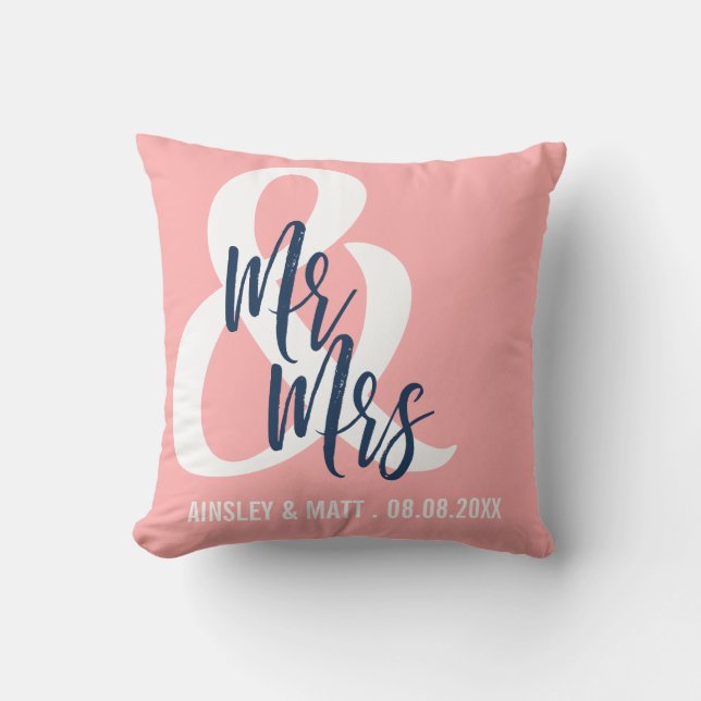 Coral Rosa & Navy Blue | Anpassade namn Kudde (Framsida)
