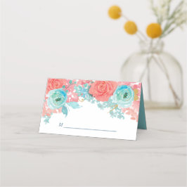 Coral Rosa och Aqua Blommigt Bröllop Placeringskort