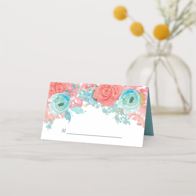 Coral Rosa och Aqua Blommigt Bröllop Placeringskort (Framsida)