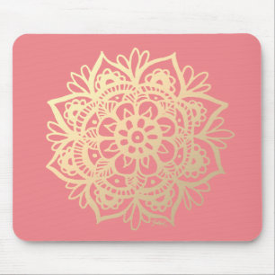 Coral Rosa och Guld Mandala Flower Musmatta