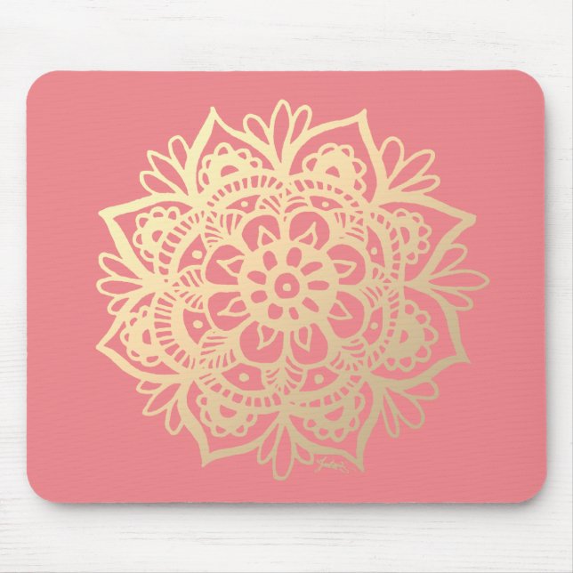 Coral Rosa och Guld Mandala Flower Musmatta (Framsidan)