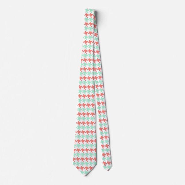 Coral Rosa och Mint Houndstooth Mönster Slips (Framsida)