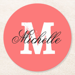 Coral rosa personlig monogram papper underlägg rund