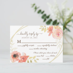 Coral Rosa ros och Guld Löv Blommigt Bröllop OSA Kort