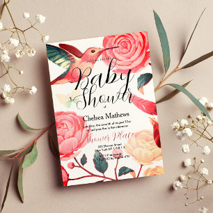 Coral rosa teal hummingbird blommigt Baby Shower Inbjudningar