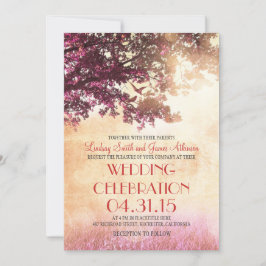 Coral rosa träd & love birds bröllopsinbjudan inbjudningar