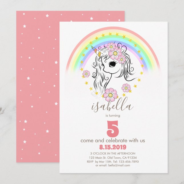 Coral Rosa Unicorn RainBow Girl Födelsedagskort Inbjudningar (Fram/baksida)